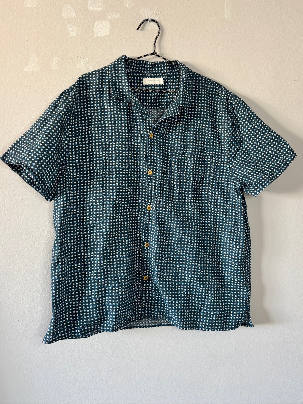 Lucky Brand Blue Dot Pattern Relaxed Hemp Cotton Short Sleeve Button Up Shirt